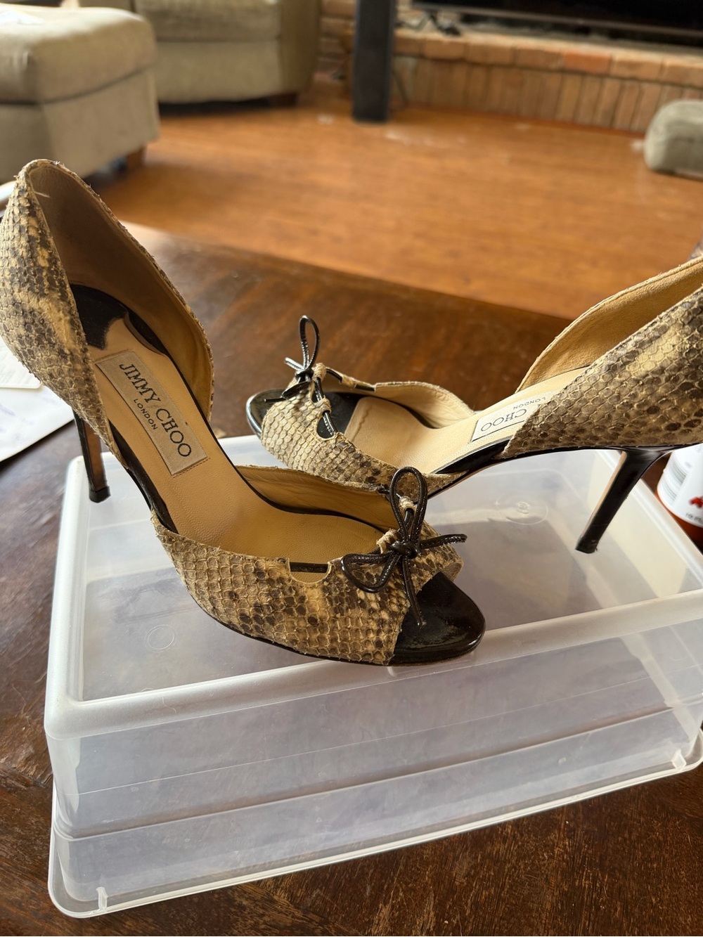 Jimmy Choo Tan Snakeskin Peep-Toe Bow Stiletto Heels
